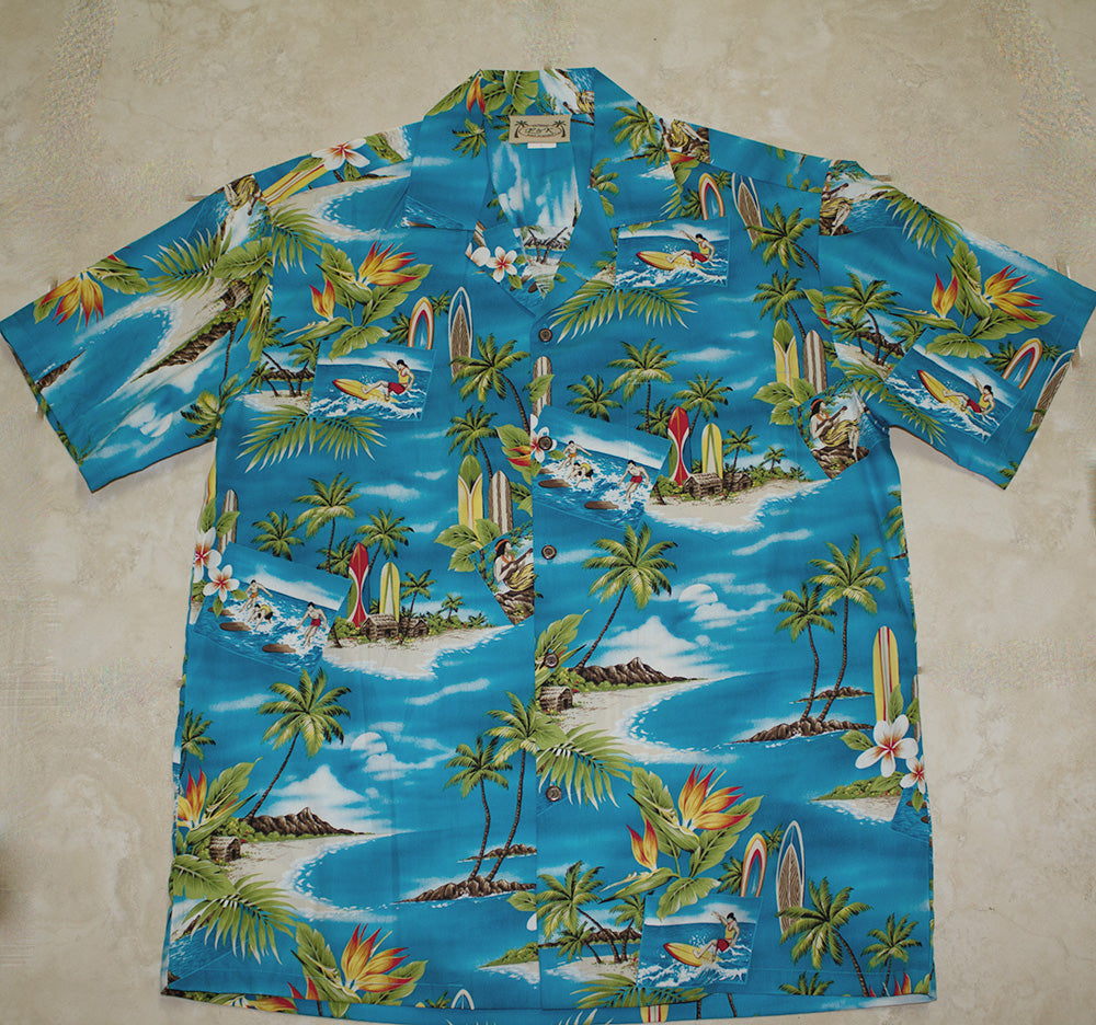113 Hawaii shirt Blue plumeria, M to 2XL