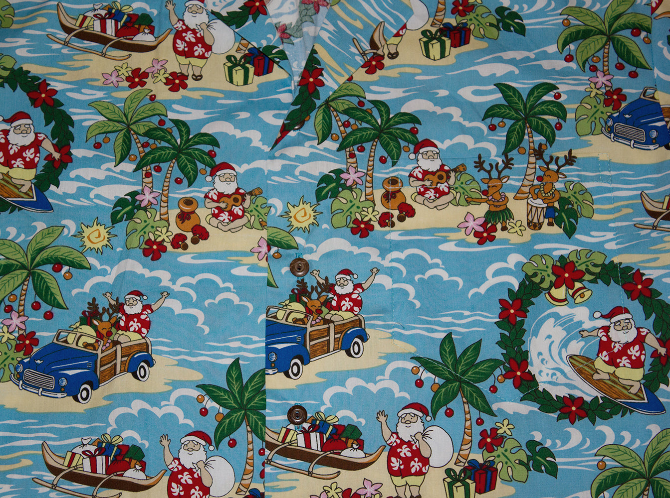 157 Hawaiian Christmas Santa shirts Red or blue, M to 2XL