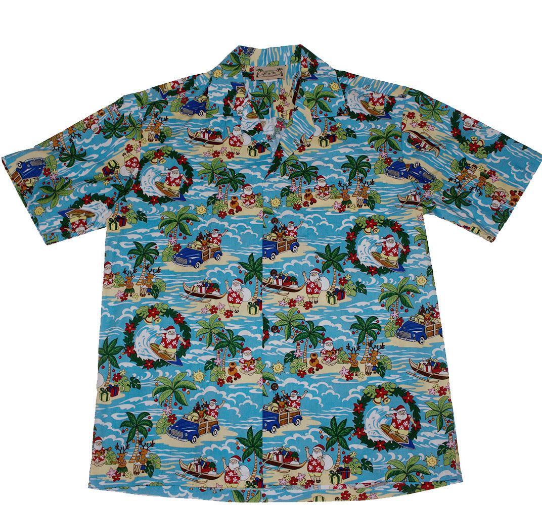 157 Hawaiian Christmas Santa shirts Red or blue, M to 2XL