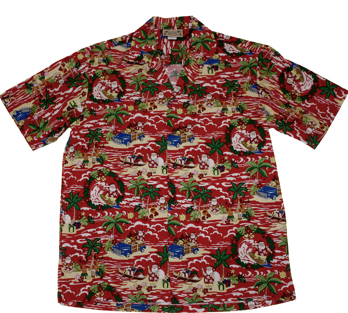 157 Hawaiian Christmas Santa shirts Red or blue, M to 2XL