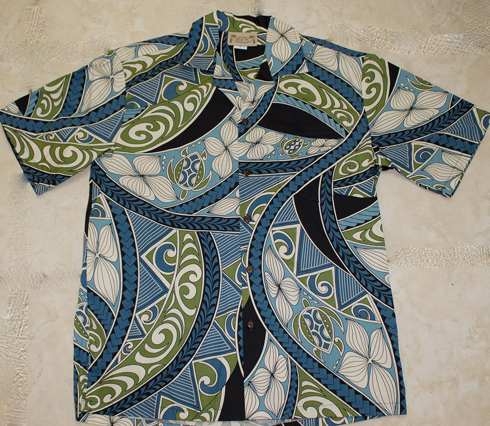 168 Hawaii shirt , Blue with navy leaf, M-2XL