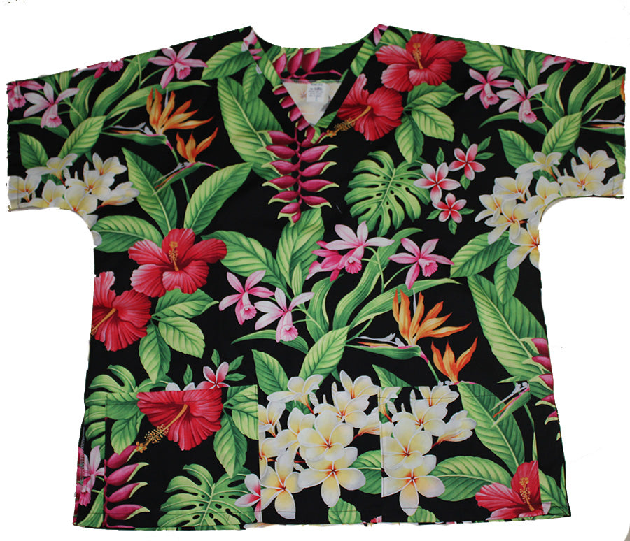 #29 Hawaii Scrub Top, Black /orange flower (100% cotton)