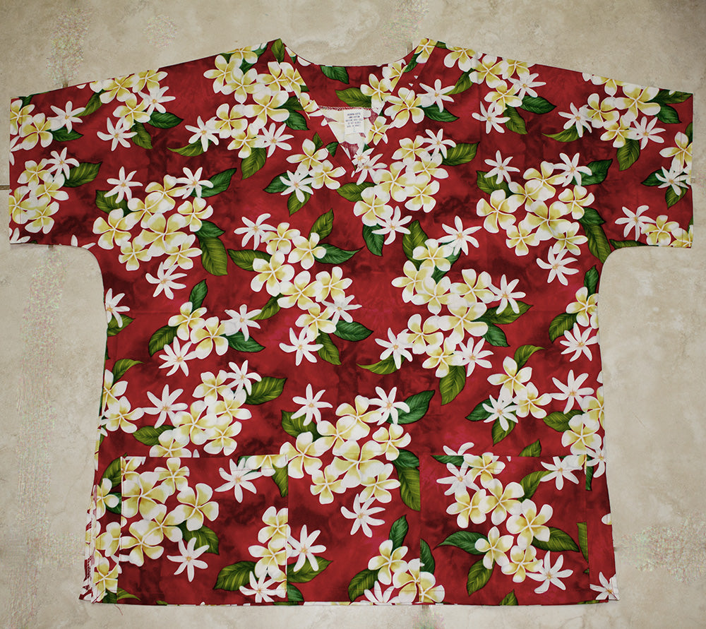 #4 Hawaii Scrub Top, Red with Yellow Plumeria