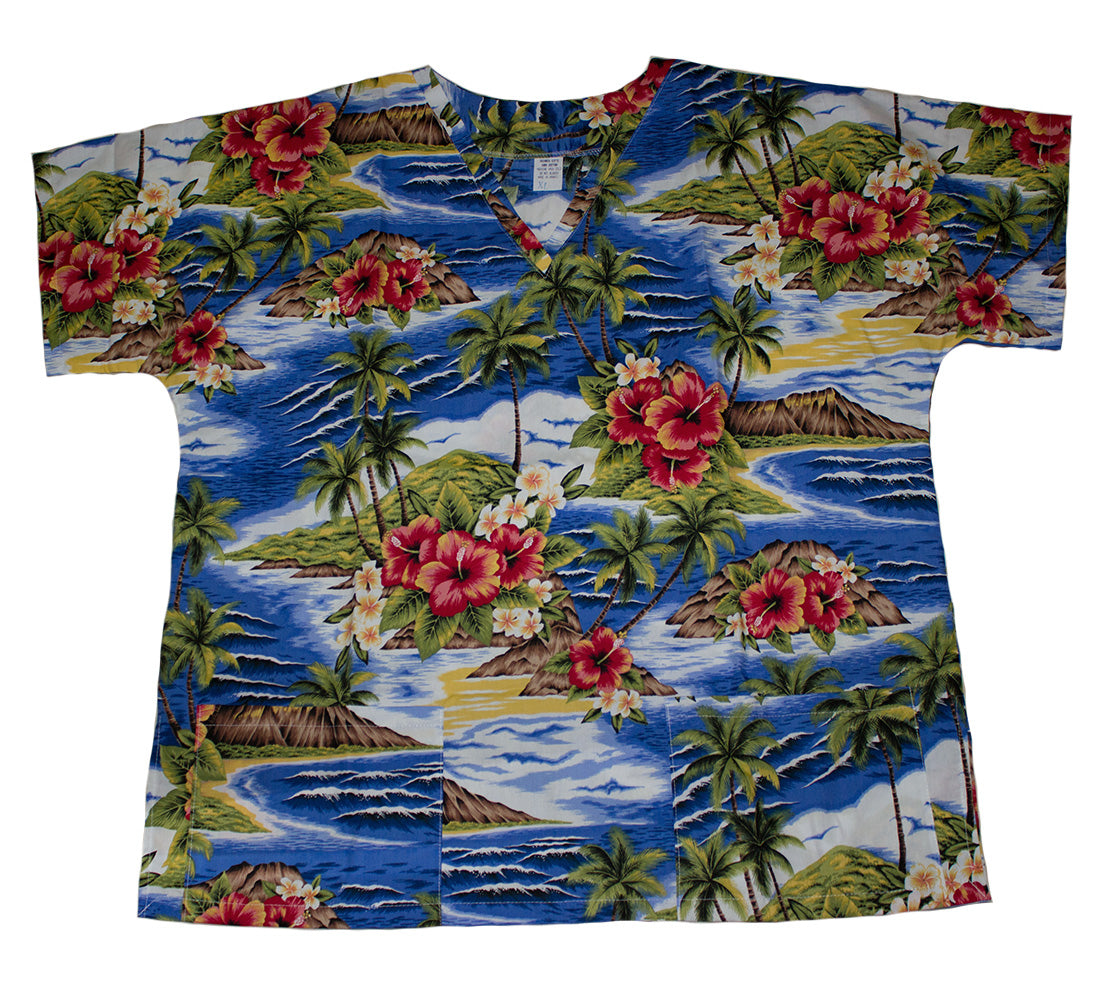 #34 Hawaii Scrub Top, Navy / Orange flower