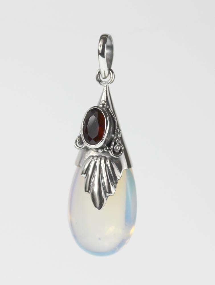 Simulated Moonstone / silver Pendant<br>with red crystal