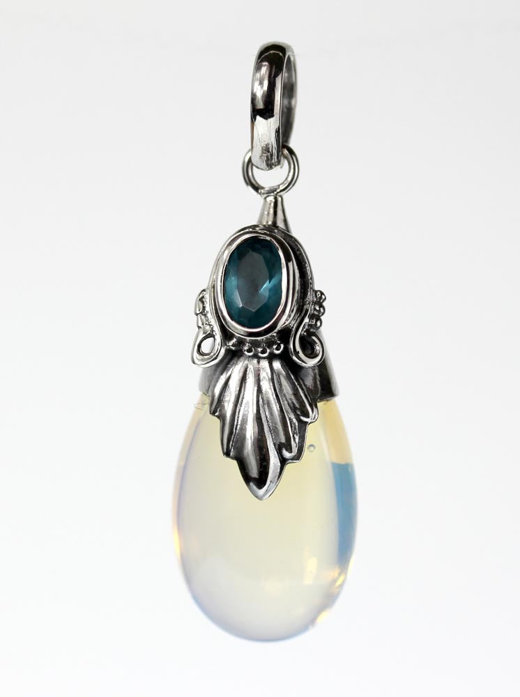 Simulated Moonstone / silver Pendant<br> with blue cystal
