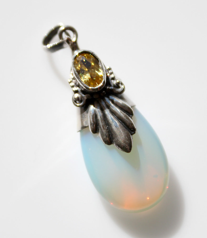 Simulated Moonstone / silver Pendant<br> with yellow crystal