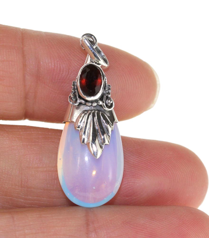 Simulated Moonstone / silver Pendant<br>with red crystal