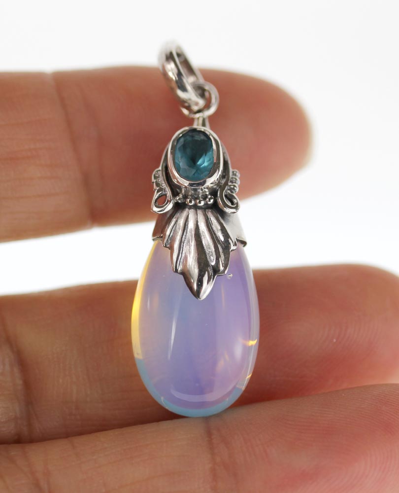 Simulated Moonstone / silver Pendant<br> with blue cystal