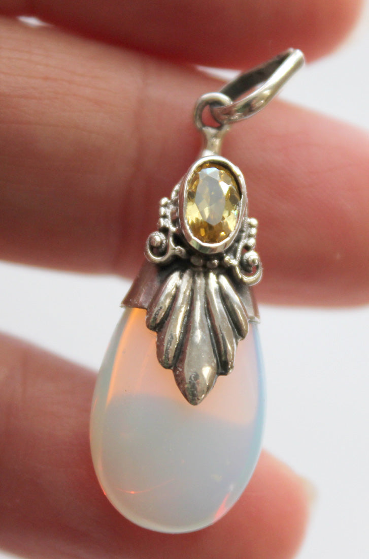 Simulated Moonstone / silver Pendant<br> with yellow crystal