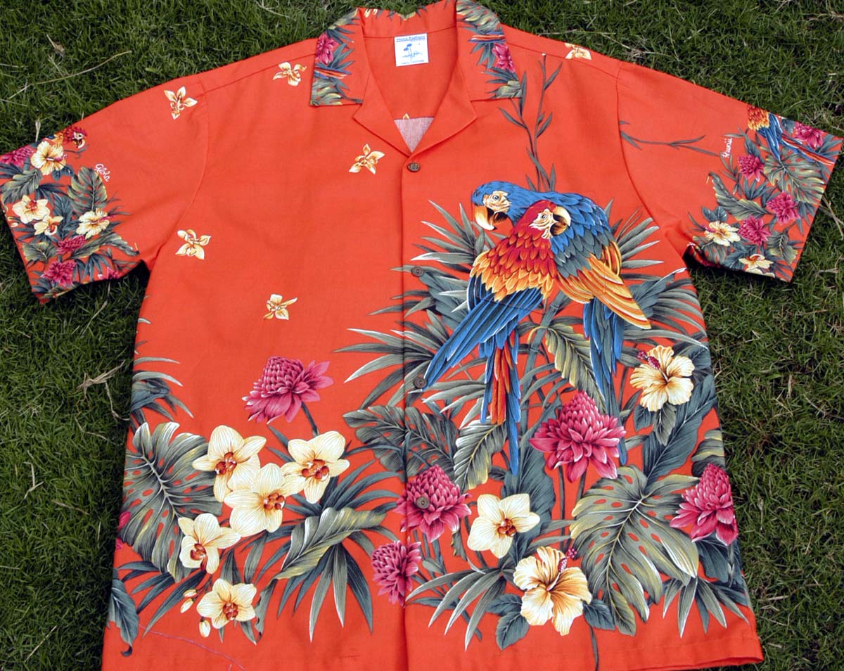115 Hawaii shirt Red big parrots,