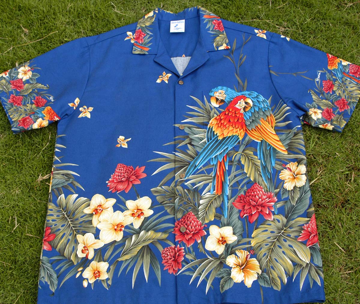 151 Hawaiian shirt Navy big parrots, M & 3XL