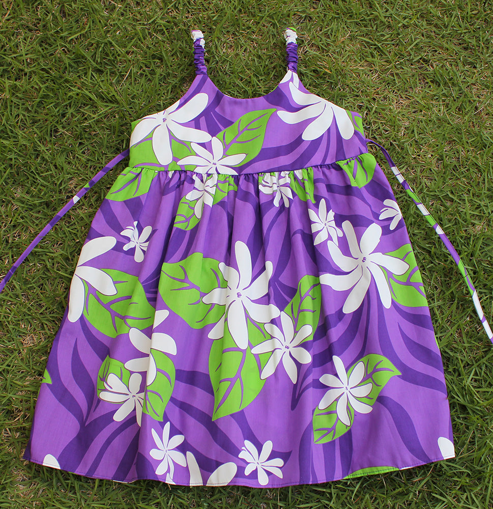 Girls Hawaiian sun dress<br>Purple /green leaf
