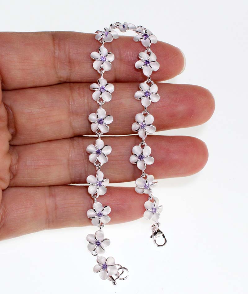 Plumeria w/ purple CZ Bracelet 8mm