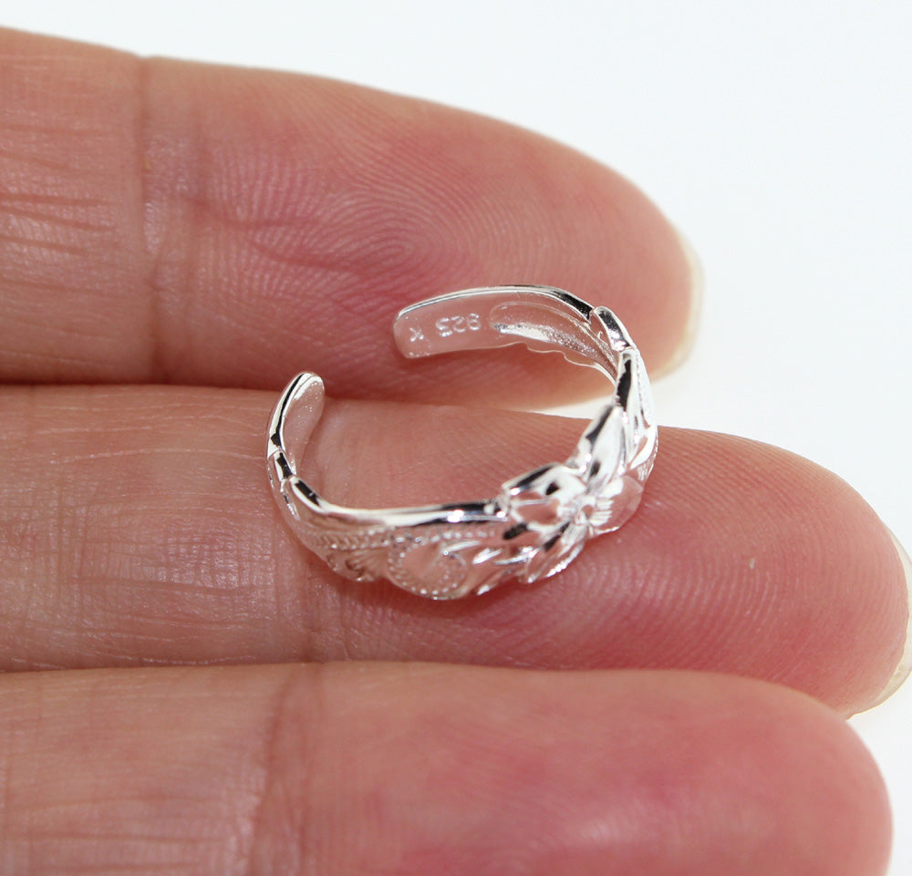 Silver toe ring - Scroll plumeria