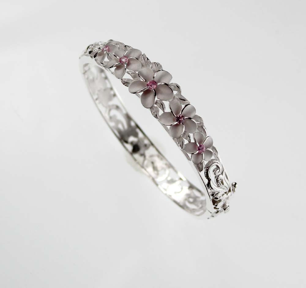Hawaii Silver Bracelet /Plumeria /Pink CZ 15mm