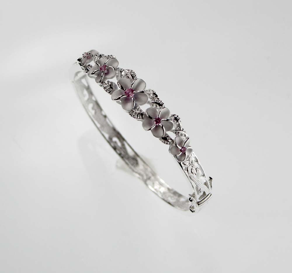 Plumeria silver bracelet w/pink CZ. 10mm