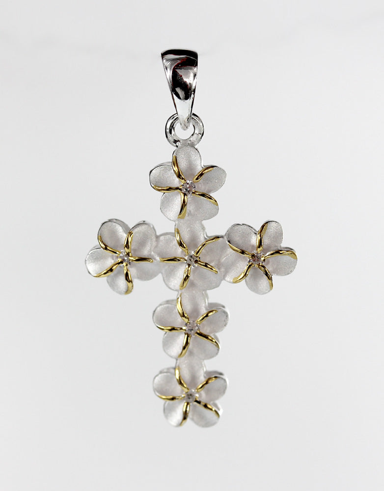 Silver pendant<br>Plumeria flower cross 2 tone