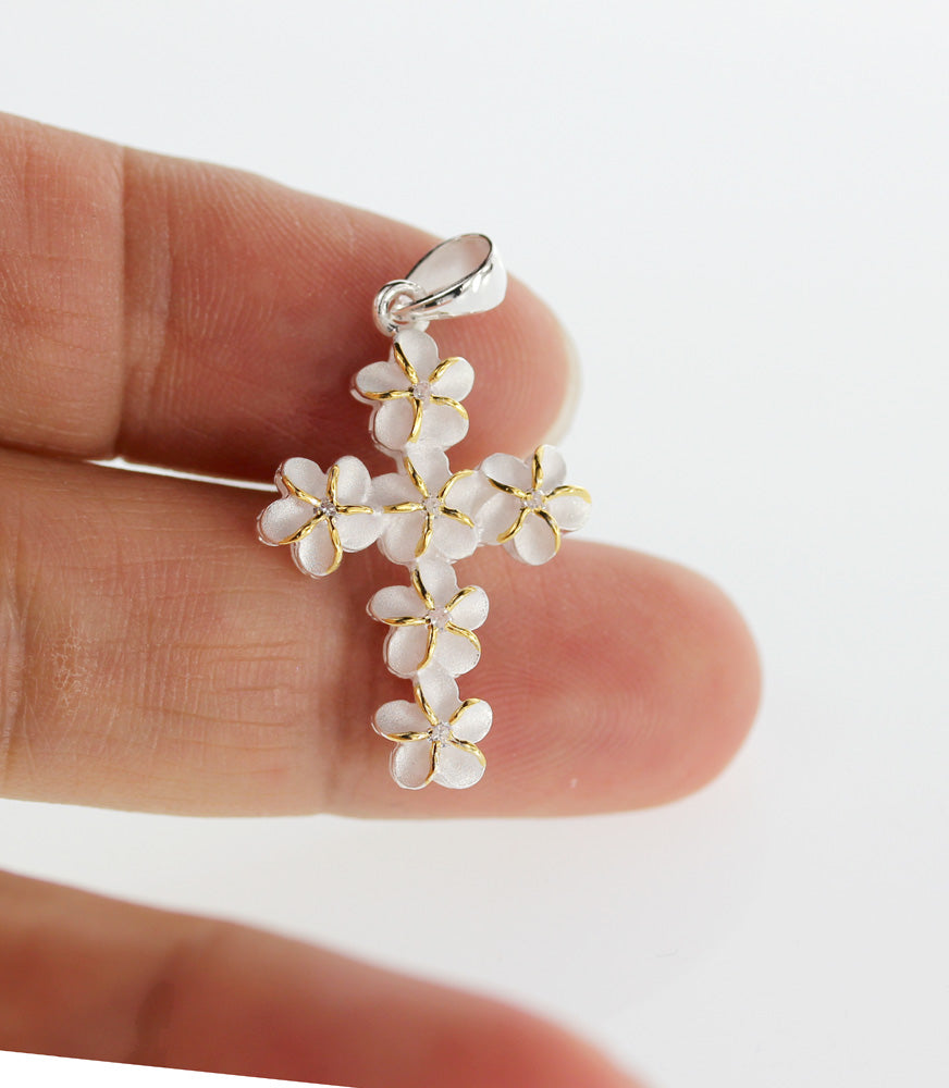 Silver pendant<br>Plumeria flower cross 2 tone