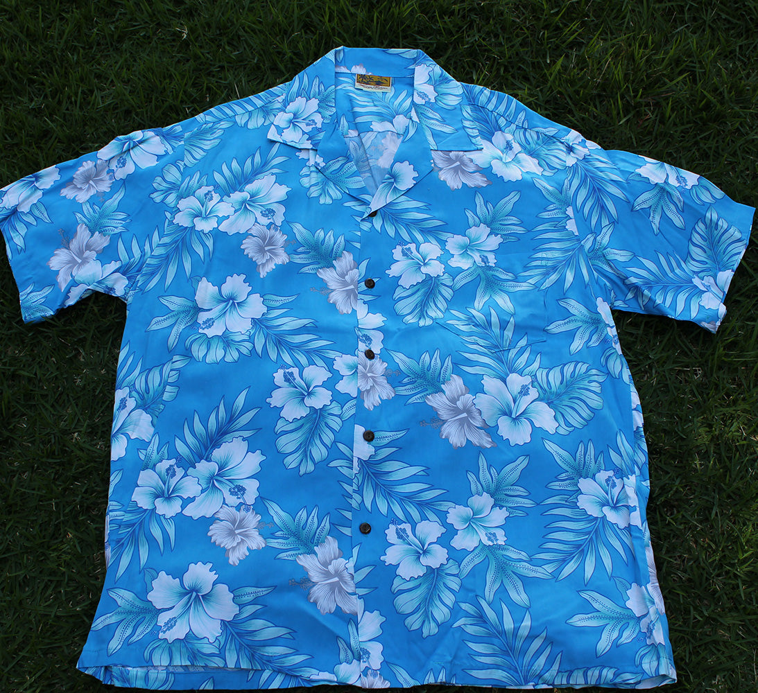 Light weight Rayon Hawaiian Shirt<br> #1 Blue /blue flower M - 2XL