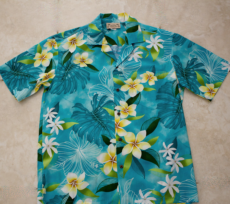 177 Hawaii shirt, Blue Plumeria flower M-2XL