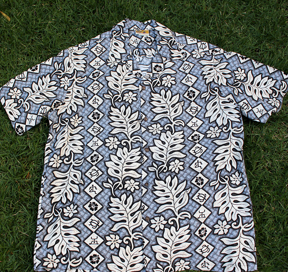 Light weight Rayon Hawaiian Shirt<br> Grey lei, S to 4XL