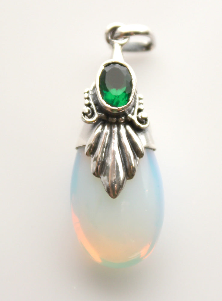 Simulated Moonstone / silver Pendant<br>with green crystal