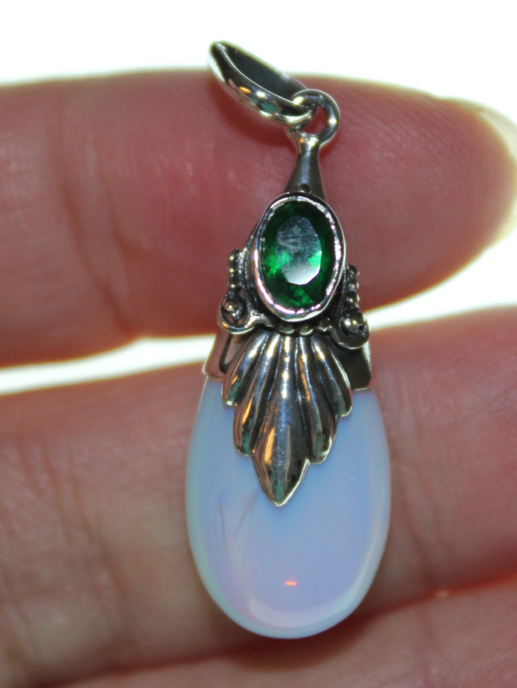 Simulated Moonstone / silver Pendant<br>with green crystal