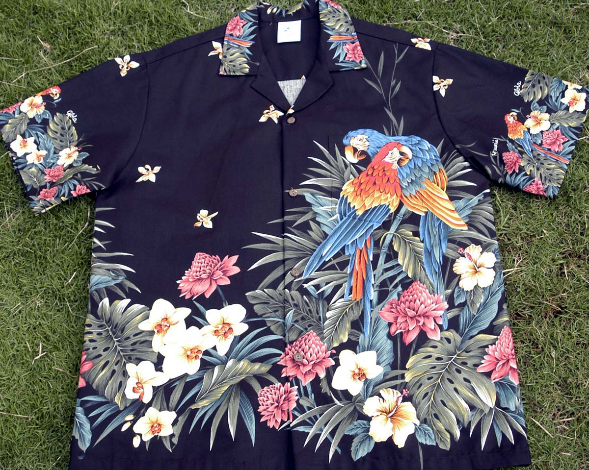 153 Hawaii shirt  Black big parrots,