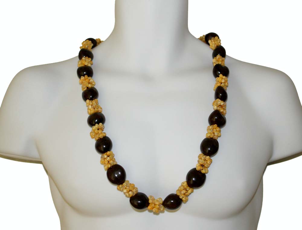 Kukui Nut Leis<br>#6 Deep brown/w yellow shell