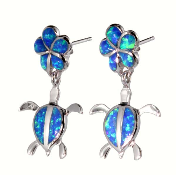 Silver Earrings<br>Simulated Opal turlte/ plumeria