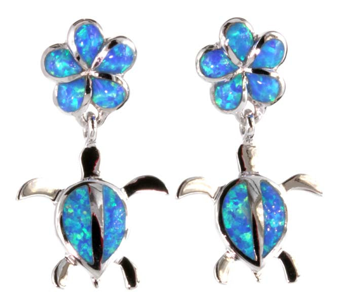 Silver Earrings<br>Simulated Opal turlte/ plumeria