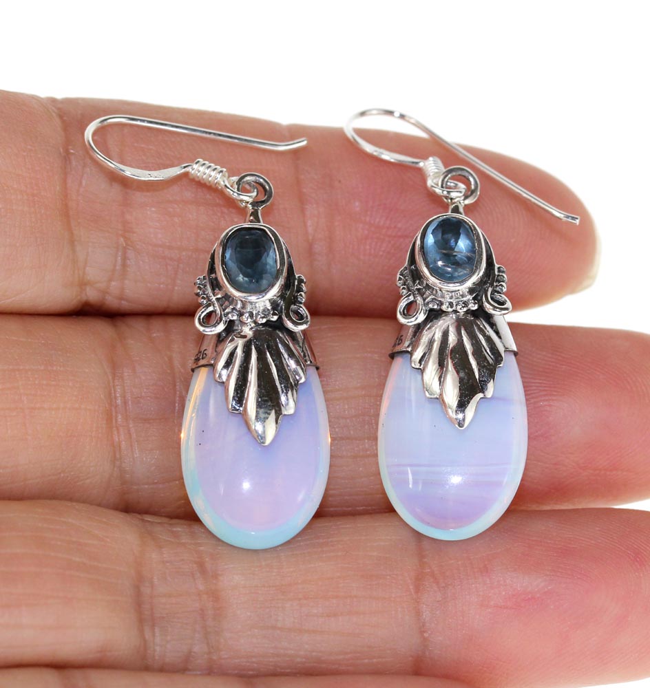 Simulated Moonstone silver earring with blue crystal