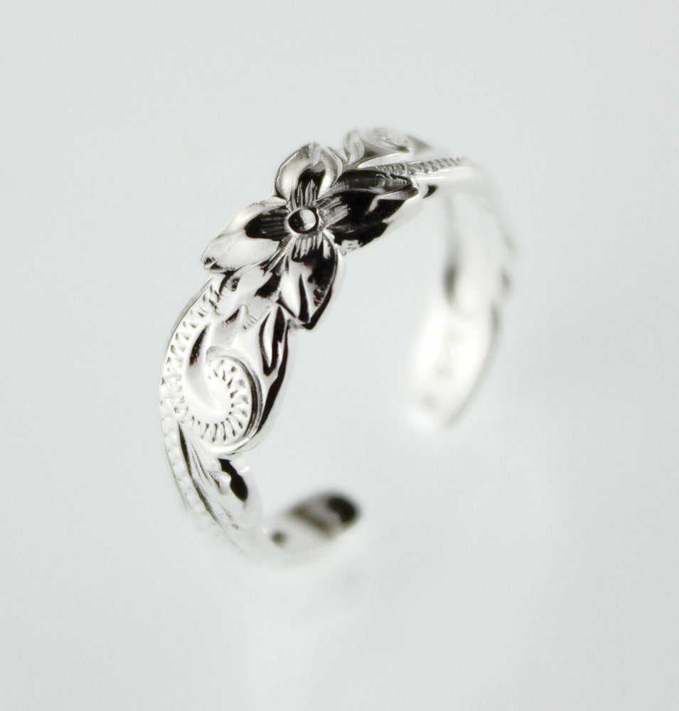 Silver toe ring - Scroll plumeria