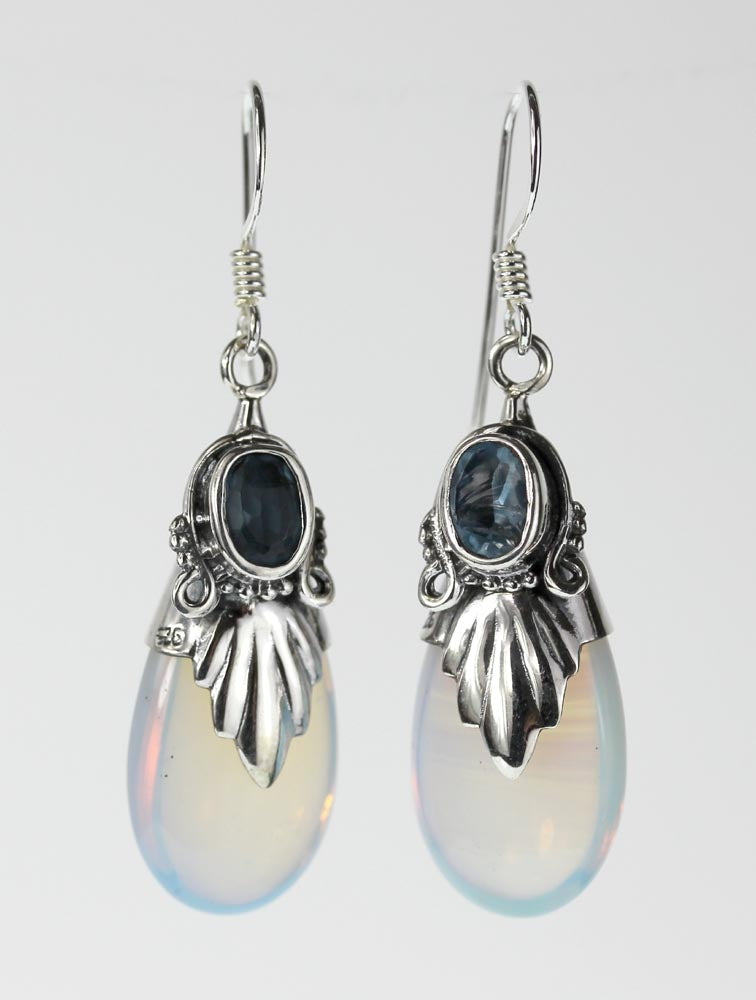 Simulated Moonstone silver earring with blue crystal