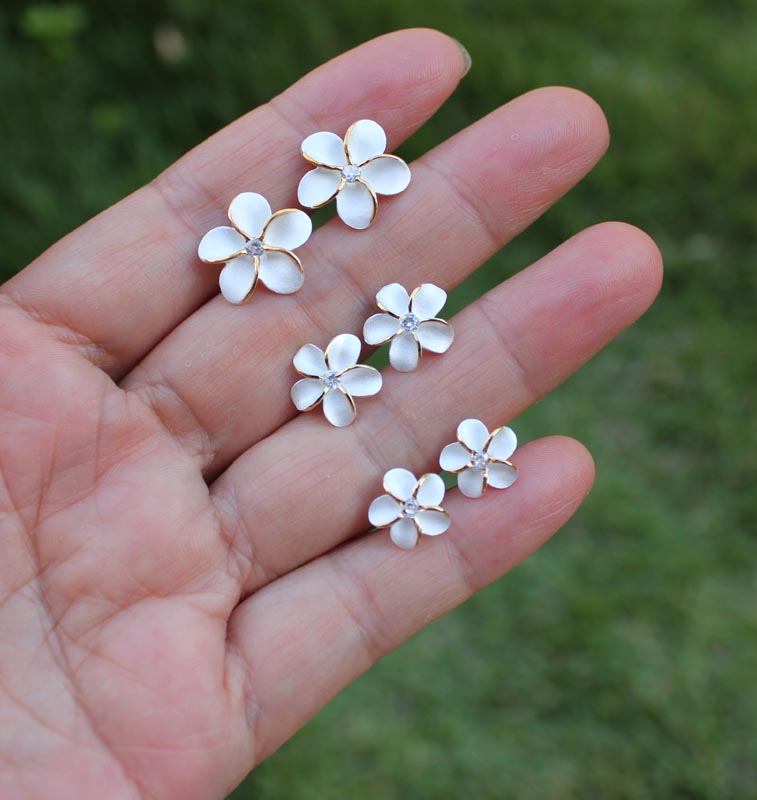 #4 Plumeria w/ CZ two tone Earrings