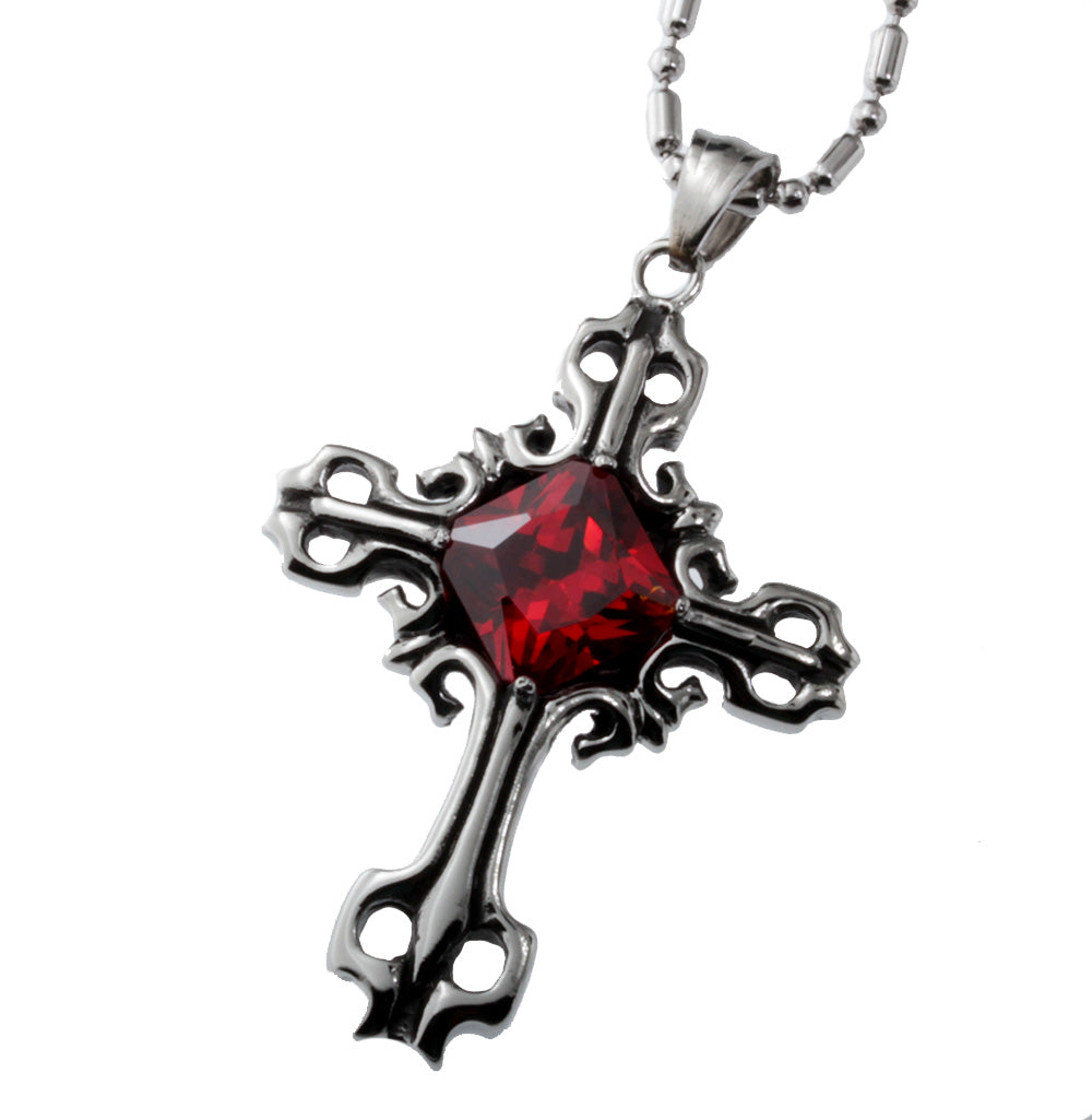 Stainless Steel Cross Pendant with Red Crystal