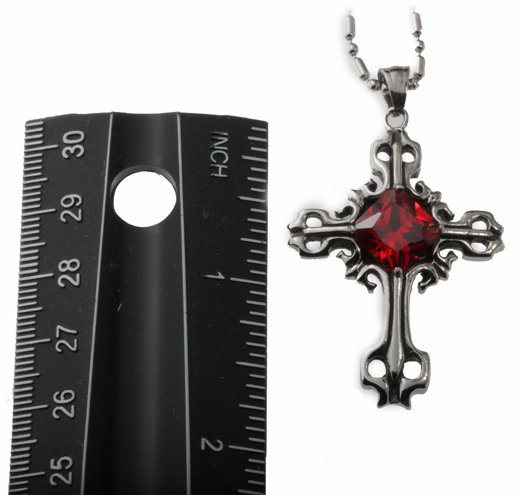 Stainless Steel Cross Pendant with Red Crystal