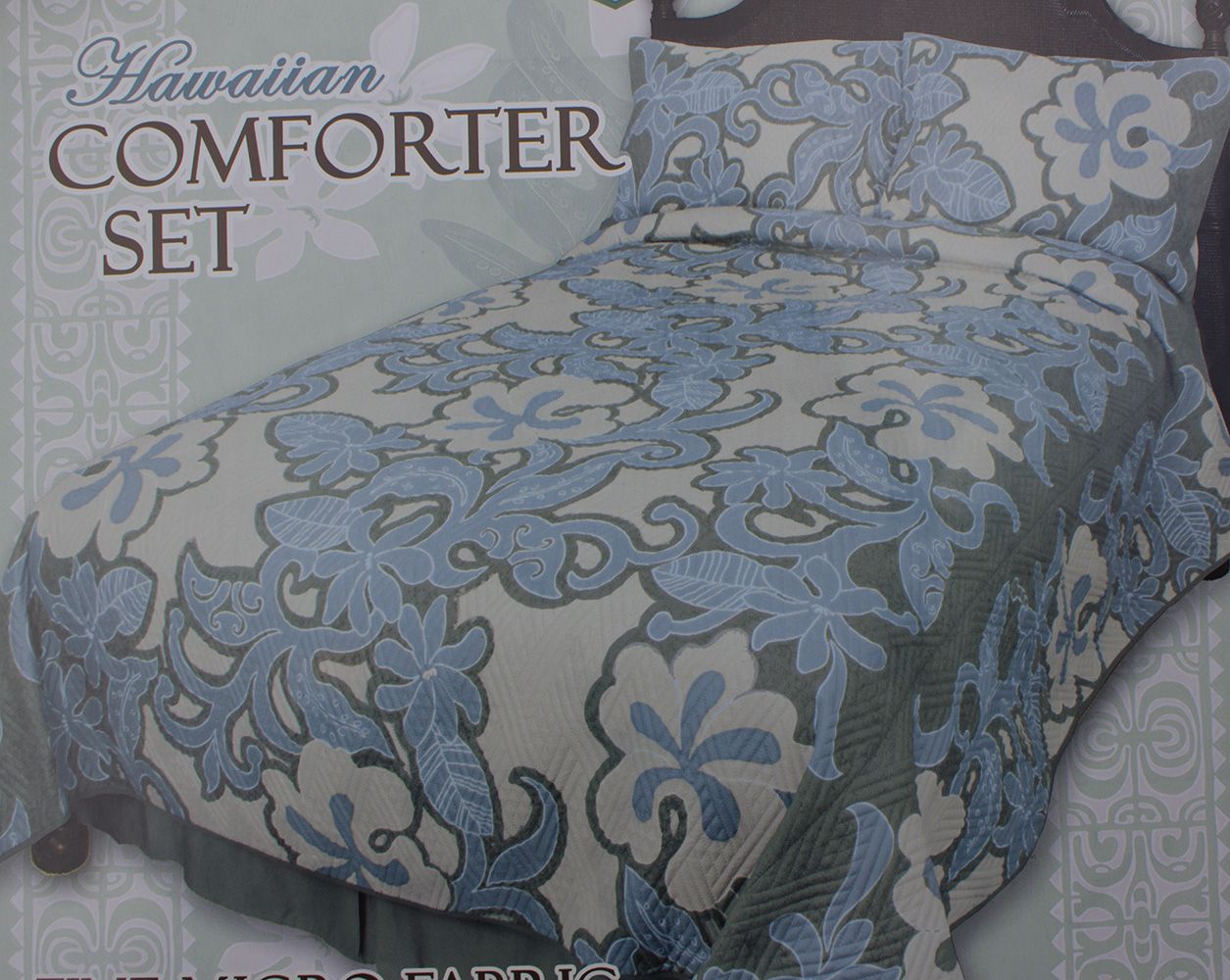 Hawaiian Quilt Thin Comforter Set<br>Blue and Beige