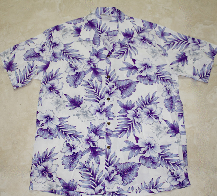 Rayon Hawaiian Shirt,,<br>#24 White with Purple flower