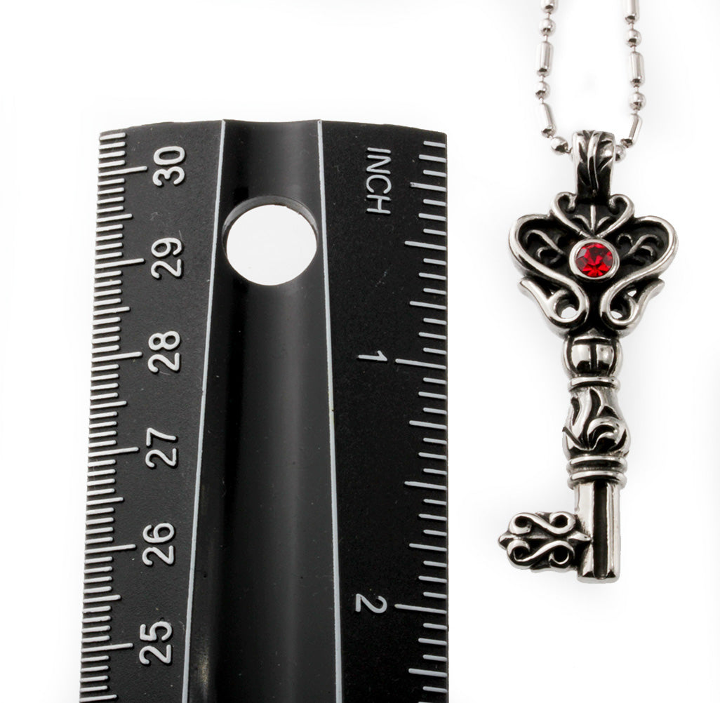 Victorian Style Key with Red Crystal Stainless Steel Pendant